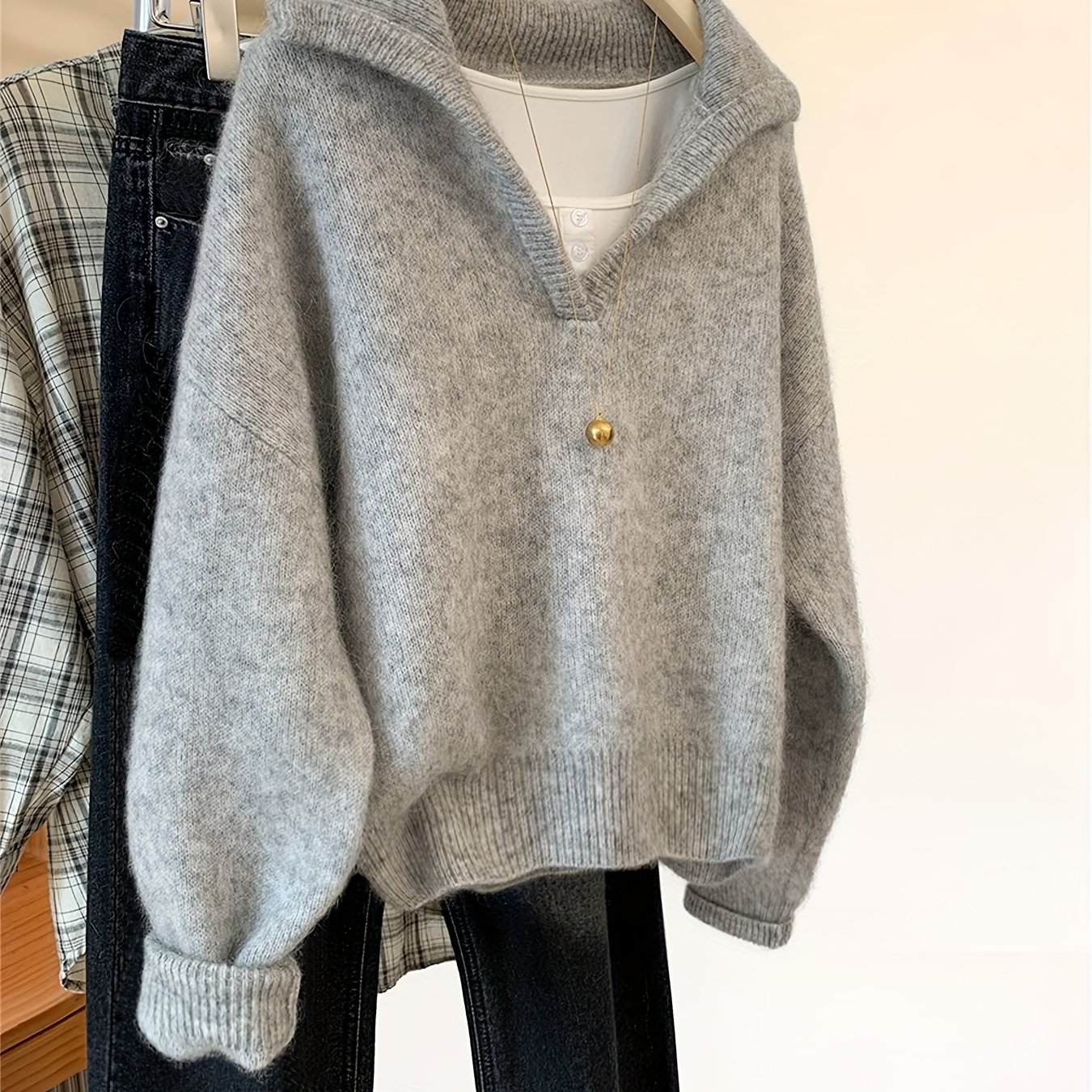 TEMU Damski ELEGANTSUT Sweter Vintage z Dekoltem w Serek - Miękki Sweter Wkładany przez Głowę z Zapięciem na Guziki, Przytulny Sweter Jesienno-Zimowy