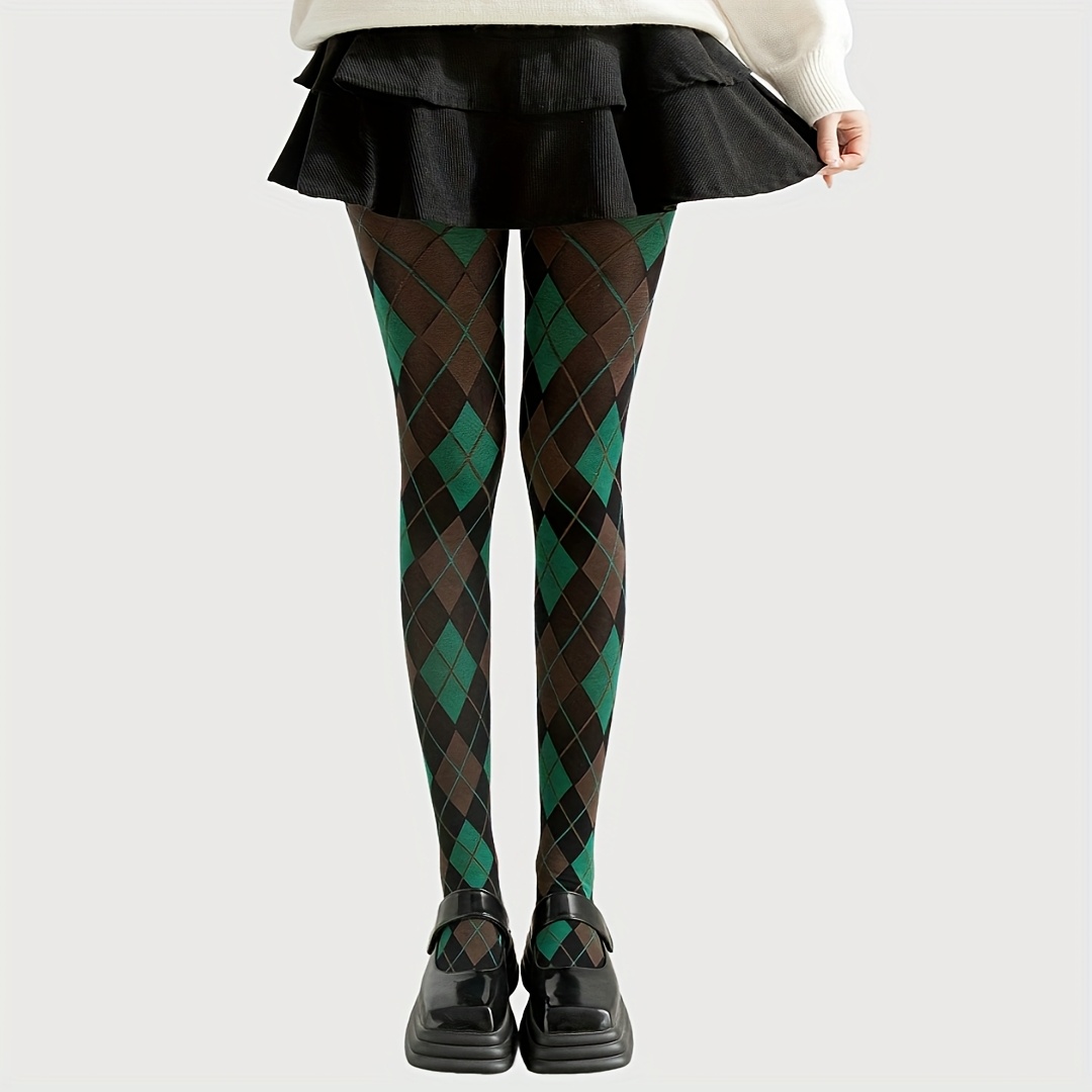 TEMU Retro Damskie Rajstopy z Geometrycznym Wzorem - Ciemnozielone i Czerwone, Wysoki Stan, Elastyczne i Wygodne, Idealne na Codzienne lub Stylowe