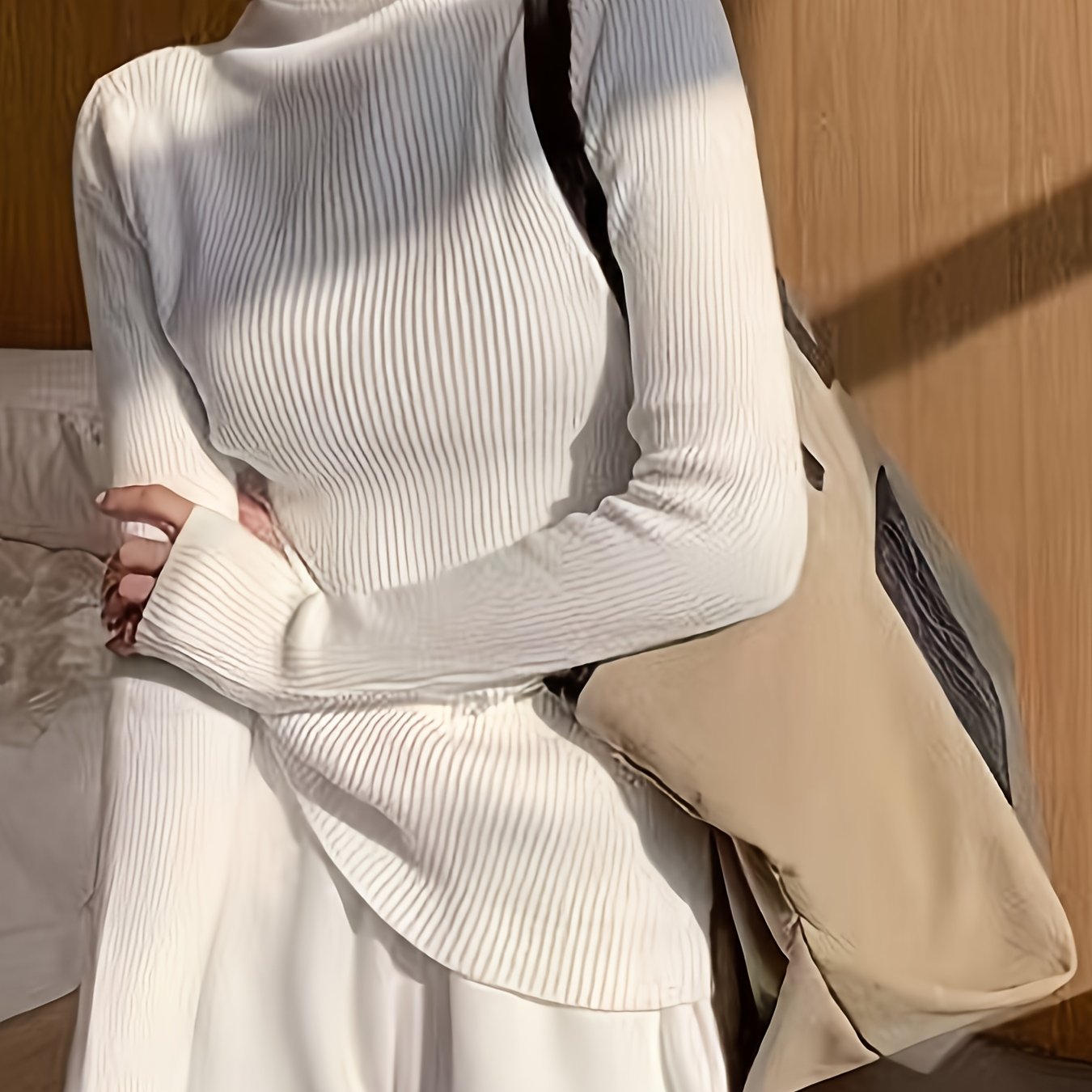 TEMU Elegancki damski sweter z długim rękawem i wysokim dekoltem - dopasowany jednolitym kolorze, elastyczny sweter na jesień/zimę, do biura, na