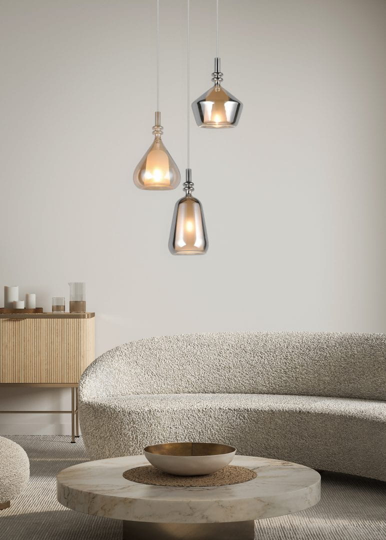 ALDEA 349430317 lampa wisząca kaskada różne klosze szkło chromowane i bursztynowe 3xE14 białe wykończenie