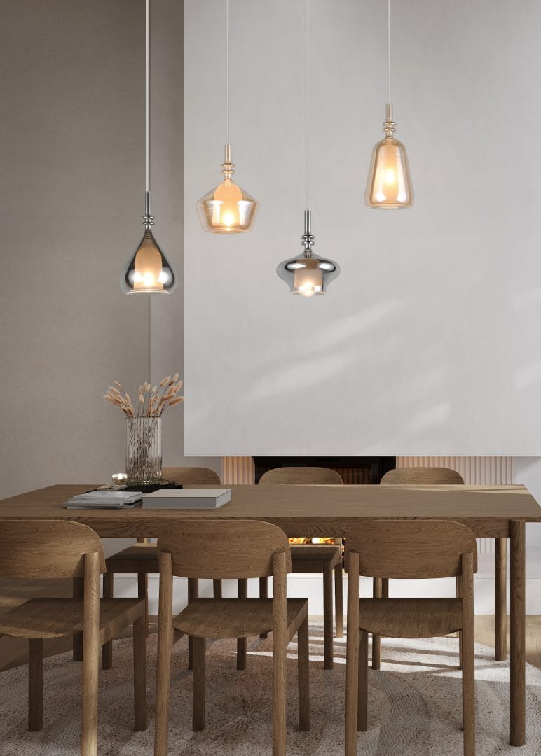 ALDEA 349400417 lampa wisząca na listwie różne klosze szkło chromowane i bursztynowe 4xE14 białe wykończenie