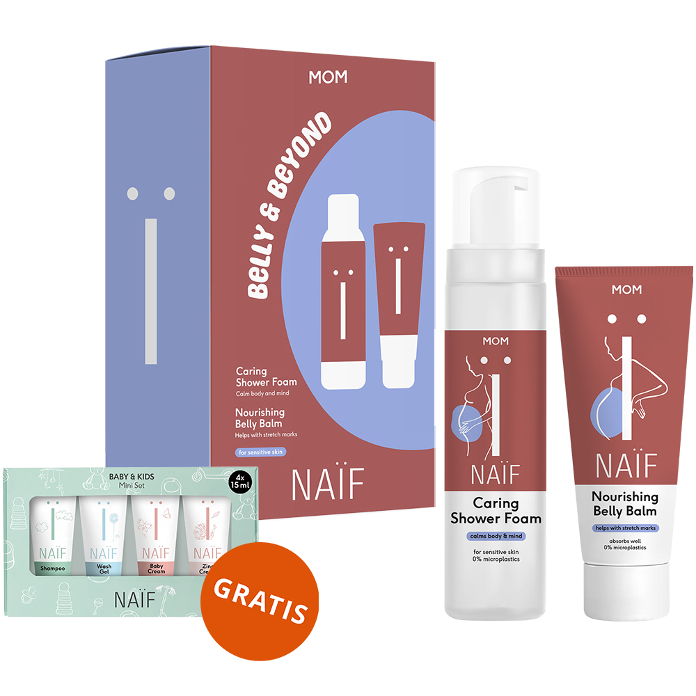 Zestaw Naif Mom Belly & Beyond, balsam na rozstępy, 150 ml + pianka pod prysznic, 200 ml + mini zestaw podróżny Baby&Kids, 4 x 15 ml gratis