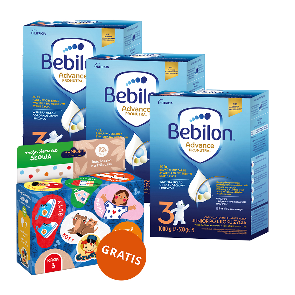 Zestaw Bebilon Advance Pronutra 3 Junior, odżywcza formuła na bazie mleka, po 1 roku, 3 x 1000 g + CzuCzu Moje Pierwsze Słowa, książeczka na kółeczku, od 12 miesiąca gratis