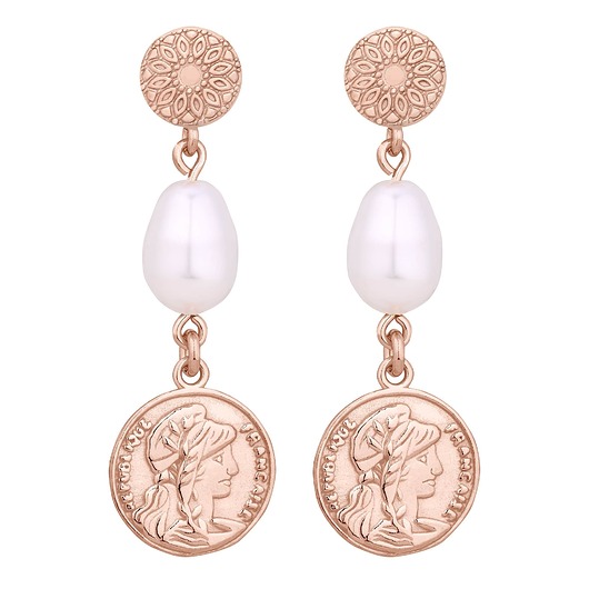 Długie kolczyki z różowego złota z monetami i perłami SWAROVSKI CRYSTAL