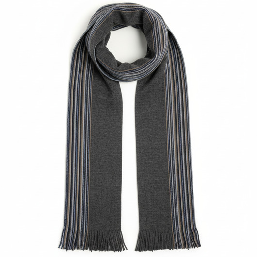 Szalik Męski szal 100% Wełniany szary niebieski w paski