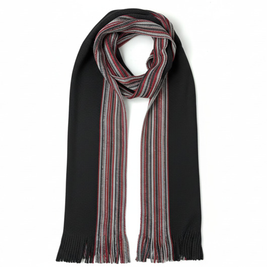 Szalik Męski szal 100% Wełniany czarny czerwony w paski