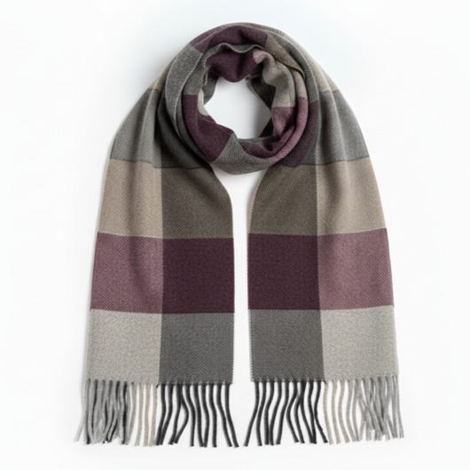 Szalik Męski beżowy bordowy szal kaszmirowy w kratkę premium Akademia Stylu