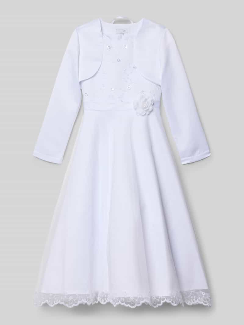 Sukienka z haftami i tasiemką w talii z kwiatową aplikacją