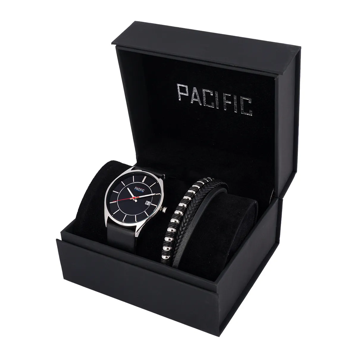 Pacific X0037-07 komplet srebrny zegarek + bransoletka elegancki zestaw dla mężczyzn