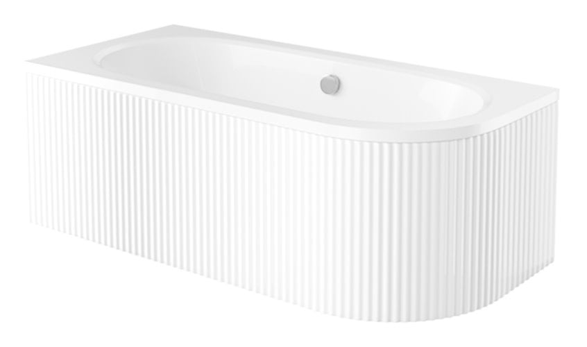 Biała ryflowana wanna asymetryczna akrylowa z obudową Avita Besco 150 cm Lewa