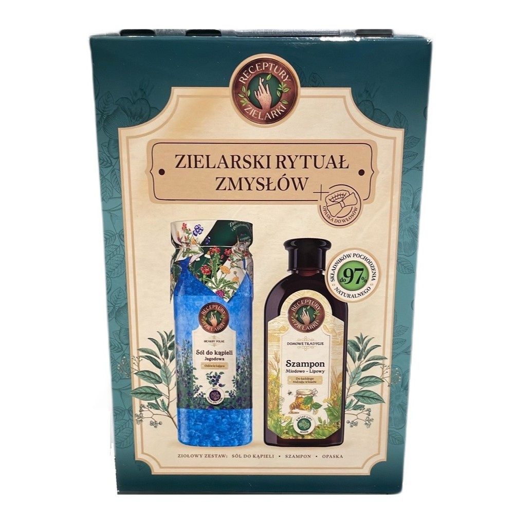 RECEPTURY ZIELARKI SET Domowe Tradycje szampon Miodowo-Lipowy do każdego rodzaju włosów 350ml + sól do kąpieli Jagoda 700g + opaska do włosów z kokard