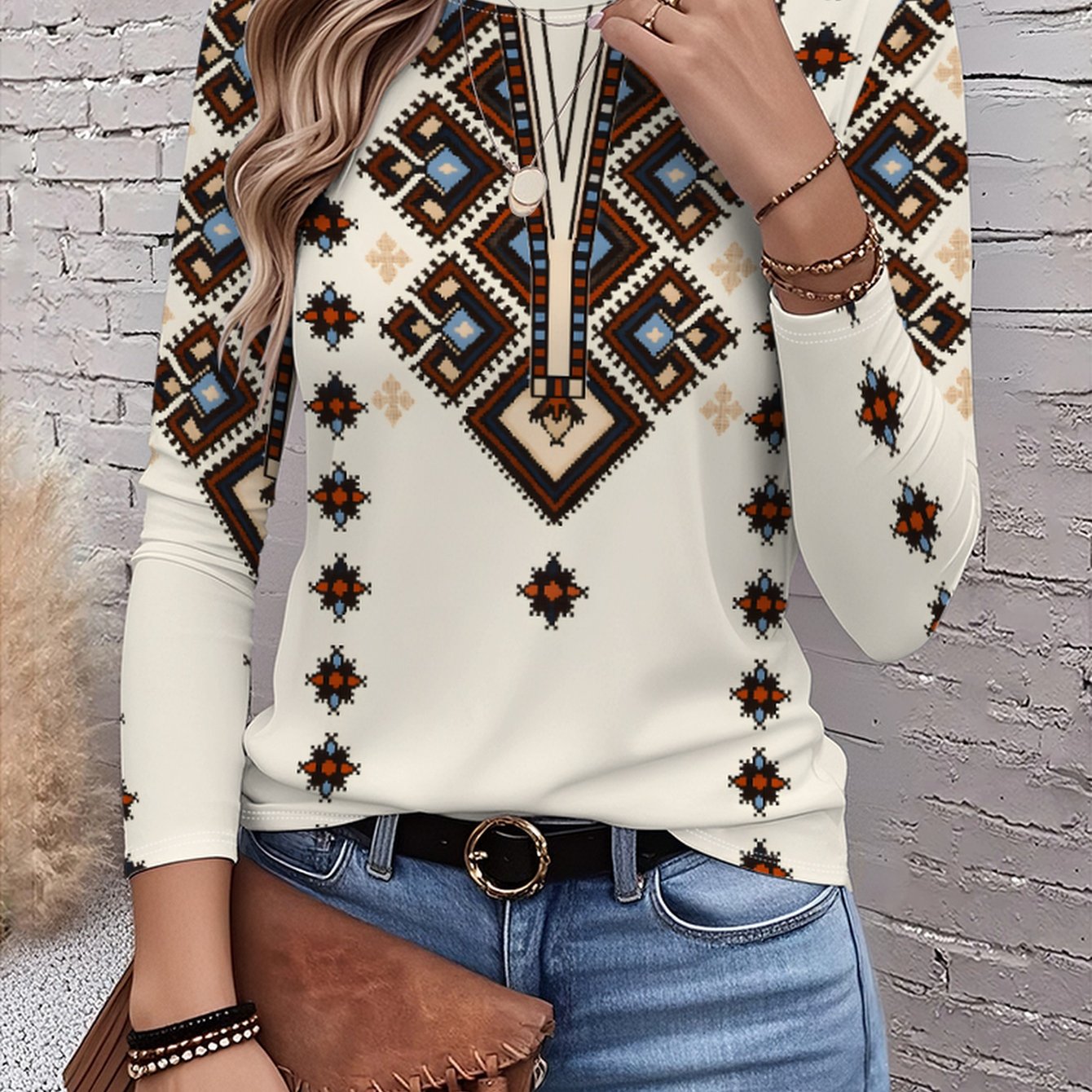 TEMU Damski Top z Długim Rękawem i Okrągłym Kościolem w Afrykańskie Wzory Pleteniowe - Bohemian Styl Casual Bluzki Beżowo-Brązowych Motywów, Pranie