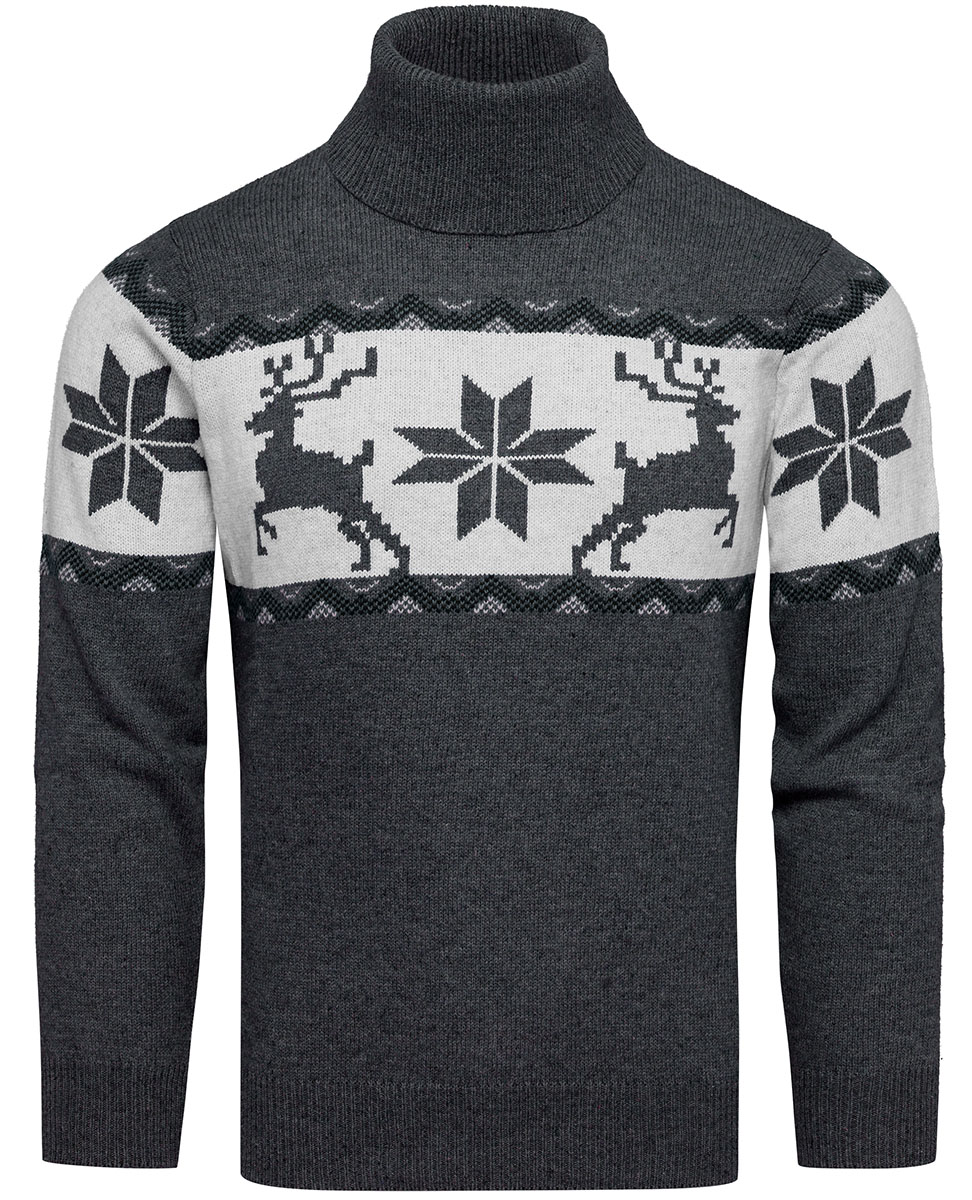 Sweter męski wełniany z golfem norweski wzór antracyt Recea