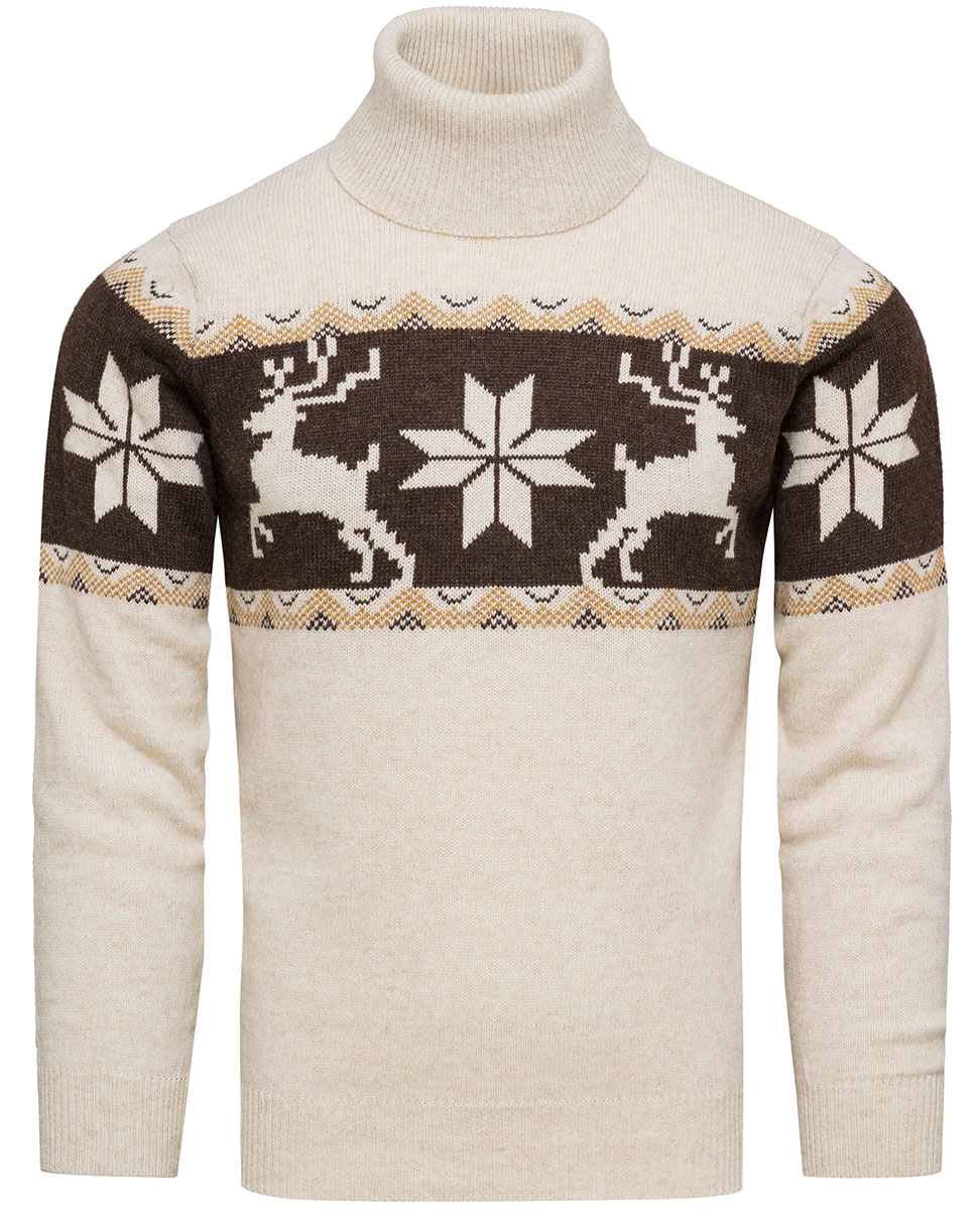 Sweter męski wełniany z golfem norweski wzór kremowy Recea