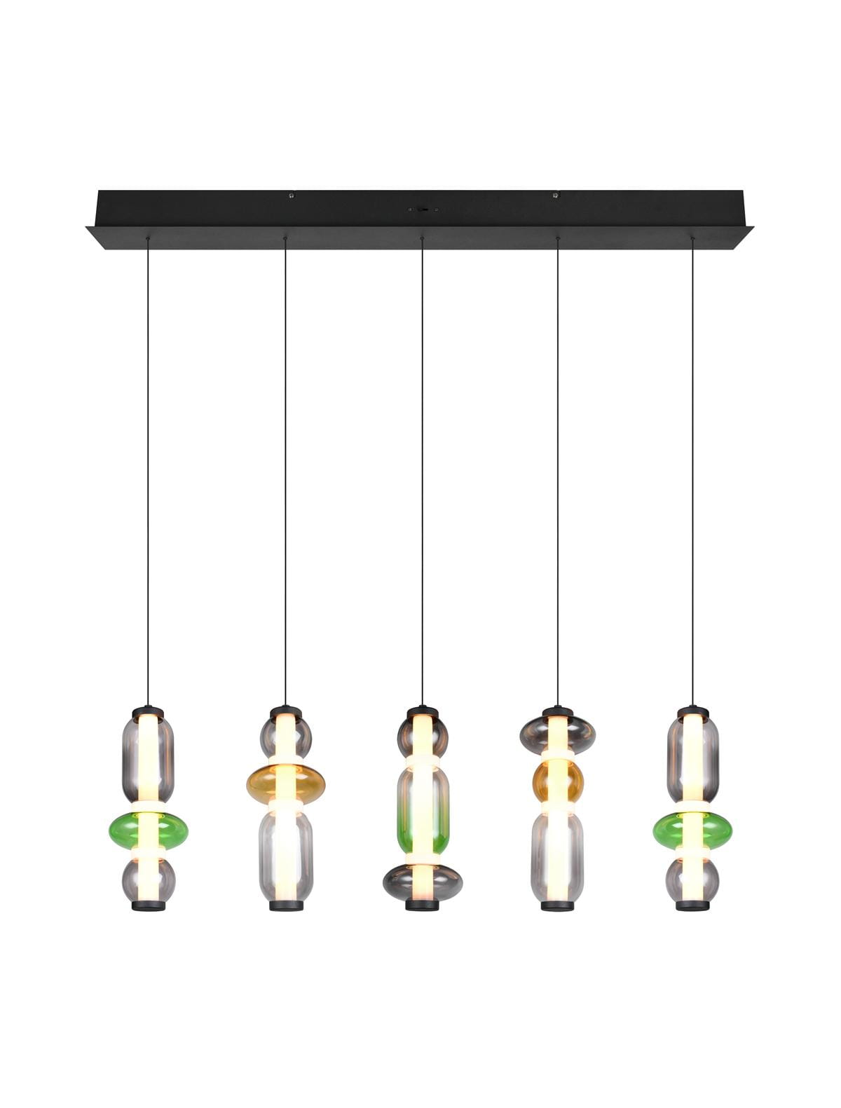 MINERVA 334310517 lampa wisząca czarna klosze ze szkła dymionego bursztynowego i zielonego LED 5x8W CCT 3stepDIM