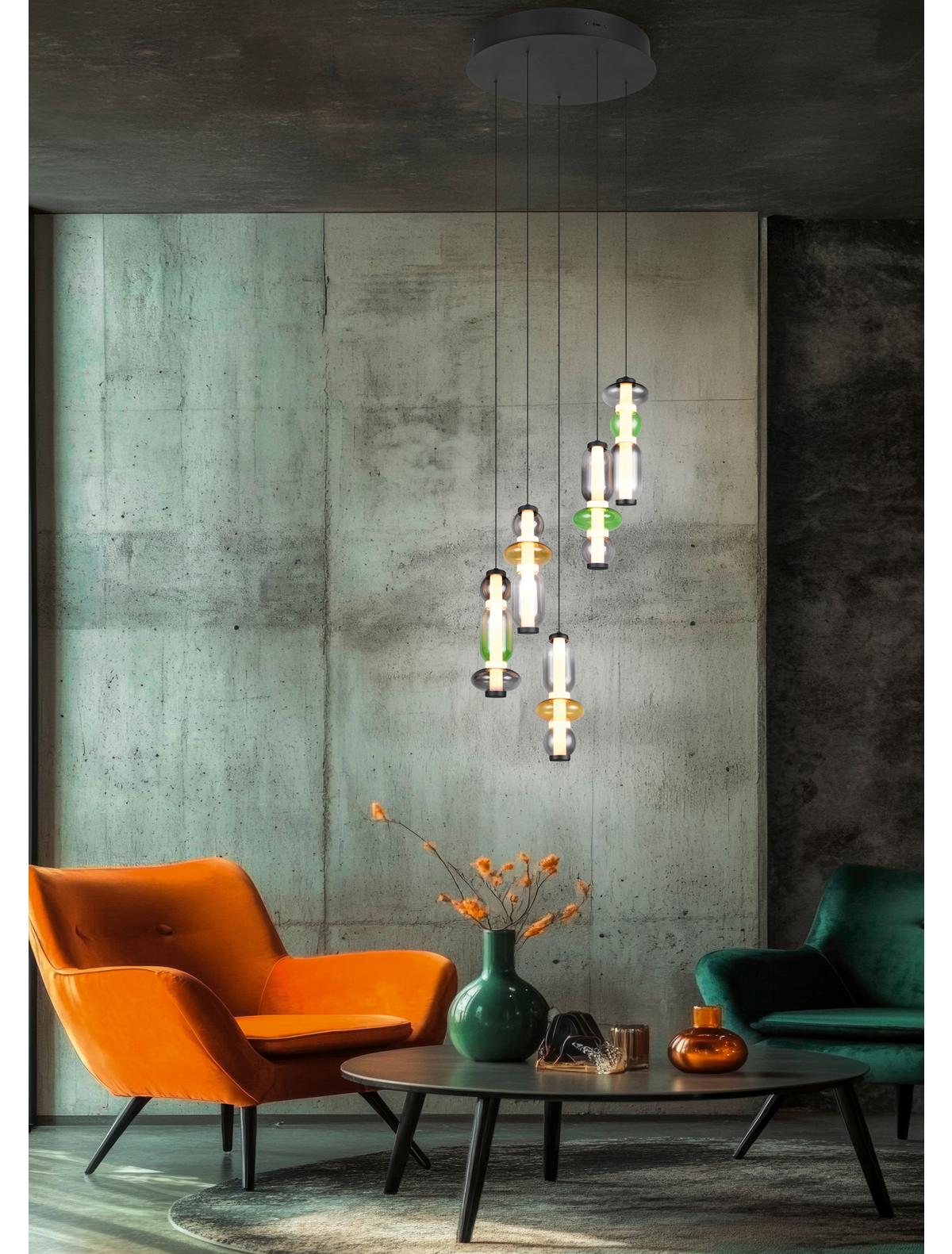 MINERVA 334330517 lampa wisząca czarna kaskada klosze ze szkła dymionego bursztynowego i zielonego LED 5x8W CCT 3stepDIM