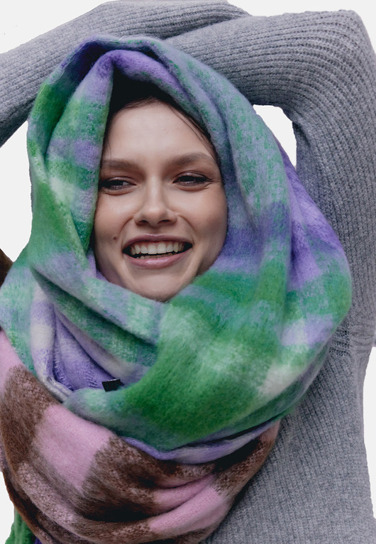 Szal fioletowo-zielony w kratę z frędzlami 40x190 cm