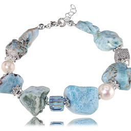 Kryształy Prawdziwe Perły Naturalny Larimar Przepiękna Bransoletka Srebro