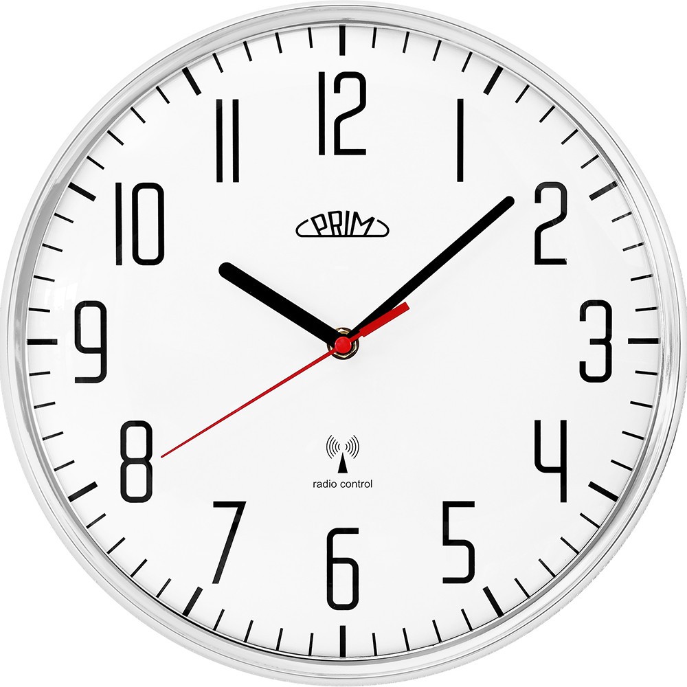 Plastowy zegar biały/błyszczący srebrny PRIM Radio ∅ 292 × 48 mm