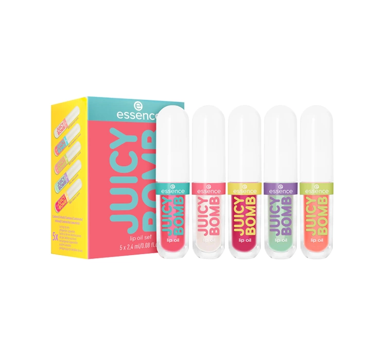 Essence Juicy Bomb zestaw olejków do ust 01 Coconut Crush 2,4 ml + 02 Strawberry Star 2,4 ml + 03 Mandarin Miracle 2,4 ml + 04 Mint Magic 2,4 ml + 05