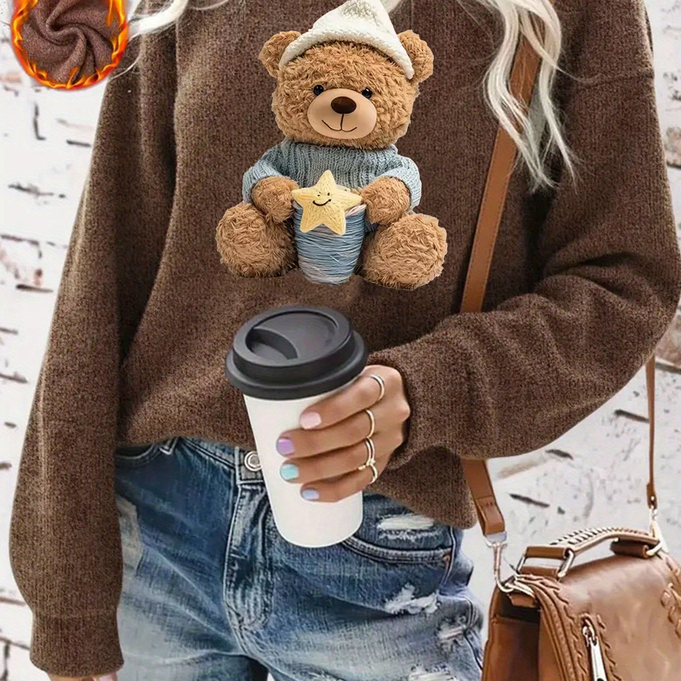 TEMU Damski sweter z nadrukiem kreskówkowym i okrągłym dekoltem Codzienna, ciepła bluzka na jesień/zimę