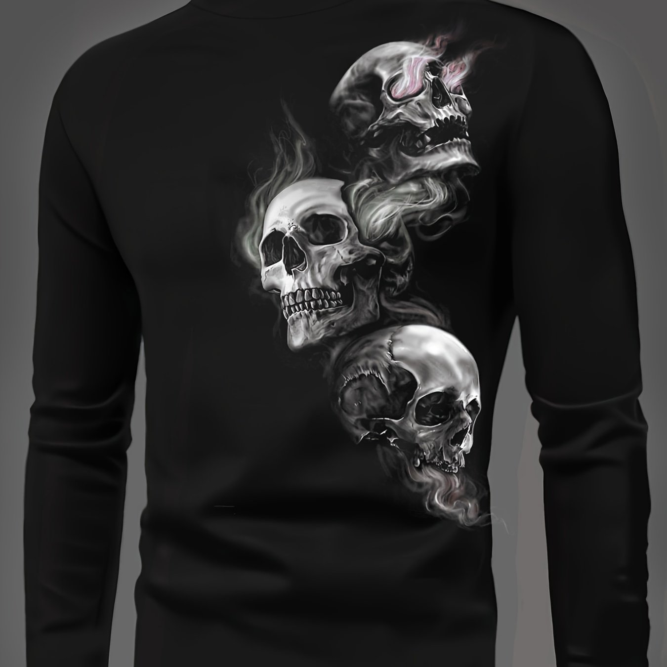 TEMU Męska gotycka koszulka z długim rękawem z nadrukiem czaszki i dymu - z motywem czaszki, 100% casualowa koszulka z okrągłym dekoltem na jesień, -