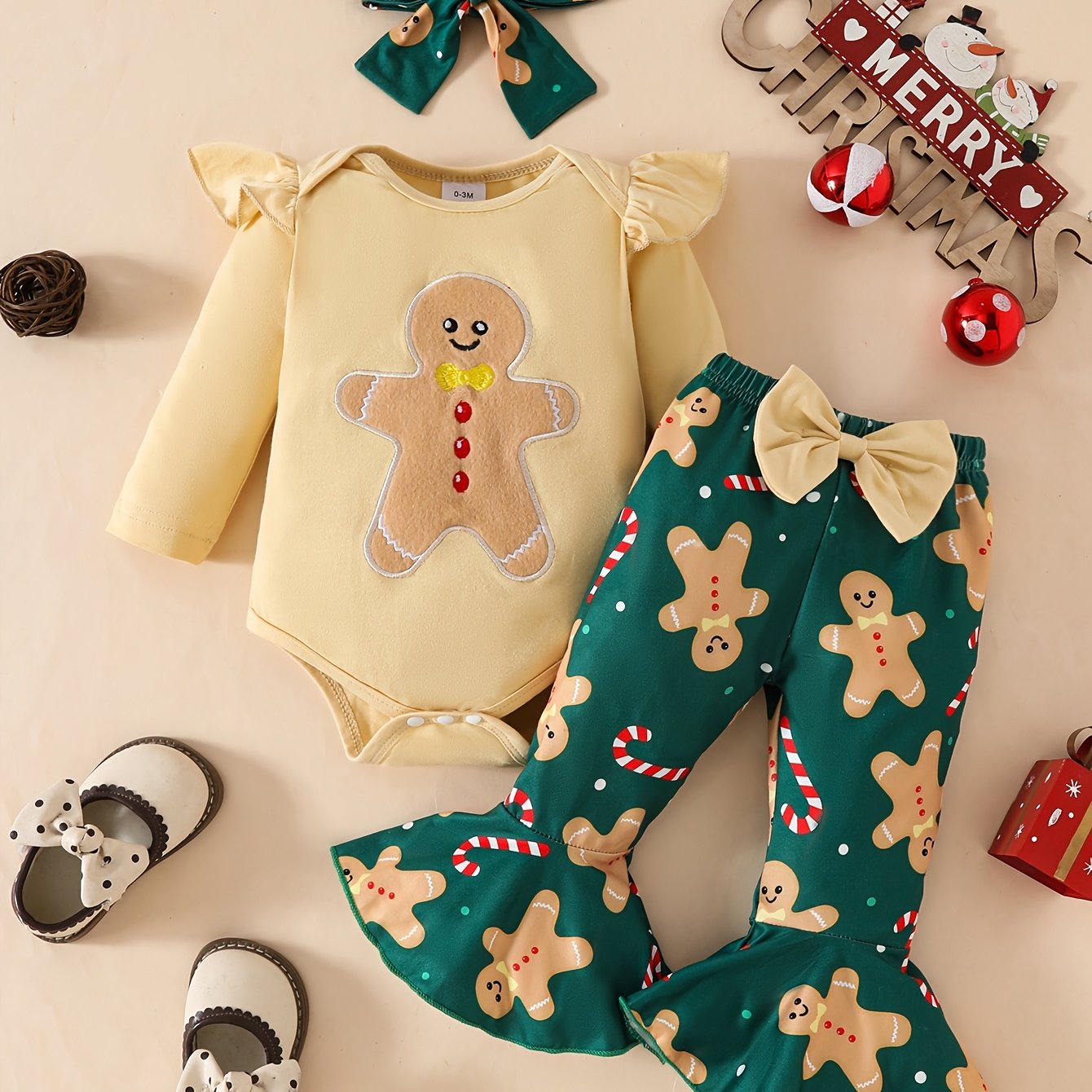 TEMU Zestaw 3-częściowy dla Dziewczynki na Boże Narodzenie - Uroczy z Nadrukiem Cukierka dla Mężczyzn, Długi Rękaw z Kokardką, Pasujące Spodnie i
