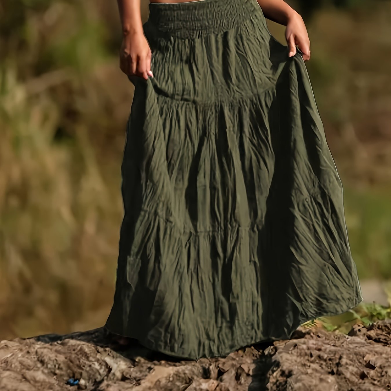 TEMU Długie spódnice dla kobiet z wysokim stanem i plisowanym wzorem - wielowarstwowe, z falbanką, jednokolorowe, idealne na wiosnę/leto/jesień, styl