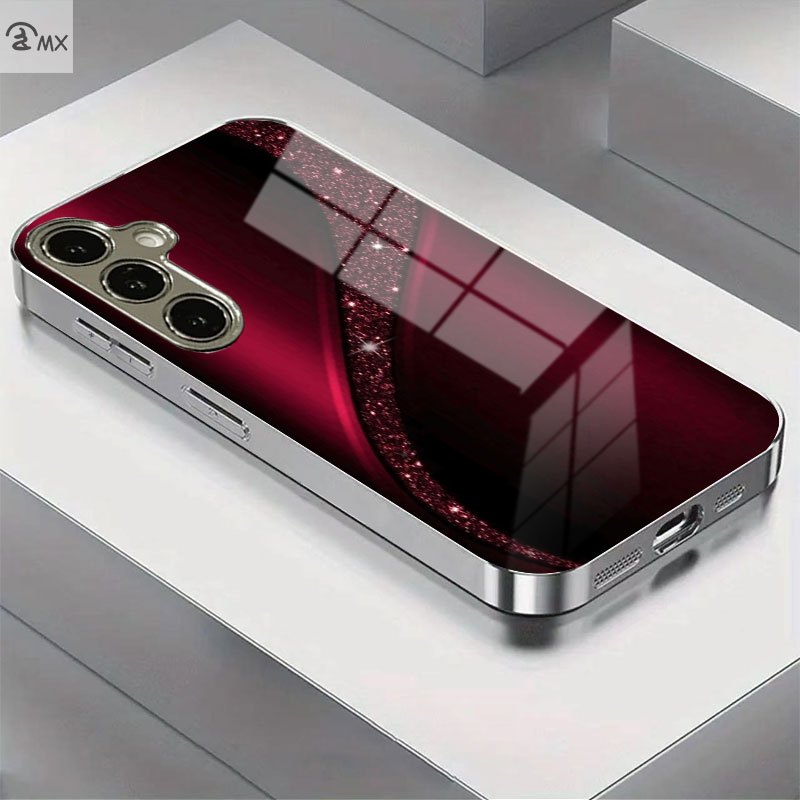 TEMU Etui na telefon: Kryształowy wzór w kolorze karmazynowym, srebrna powłoka, hartowane szkło, kompatybilne z for Galaxy S25 Plus, S24 Plus, S24