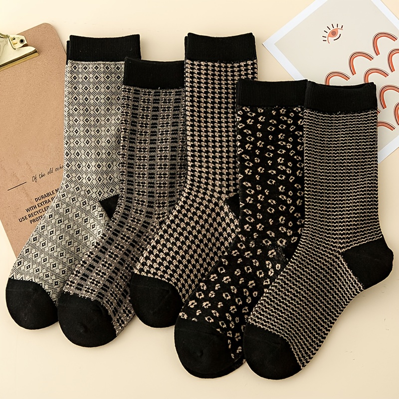 TEMU 5 par skarpetek damskich, średniej wysokości, czarne, retro, elegancki geometryczny wzór, modne, wysokiej jakości skarpetki damskie, i jesienne