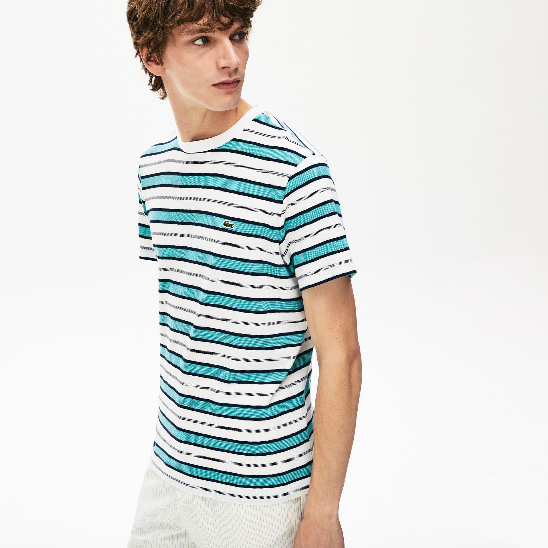 Lacoste Męski T-Shirt W Paski Z Okrągłym Dekoltem