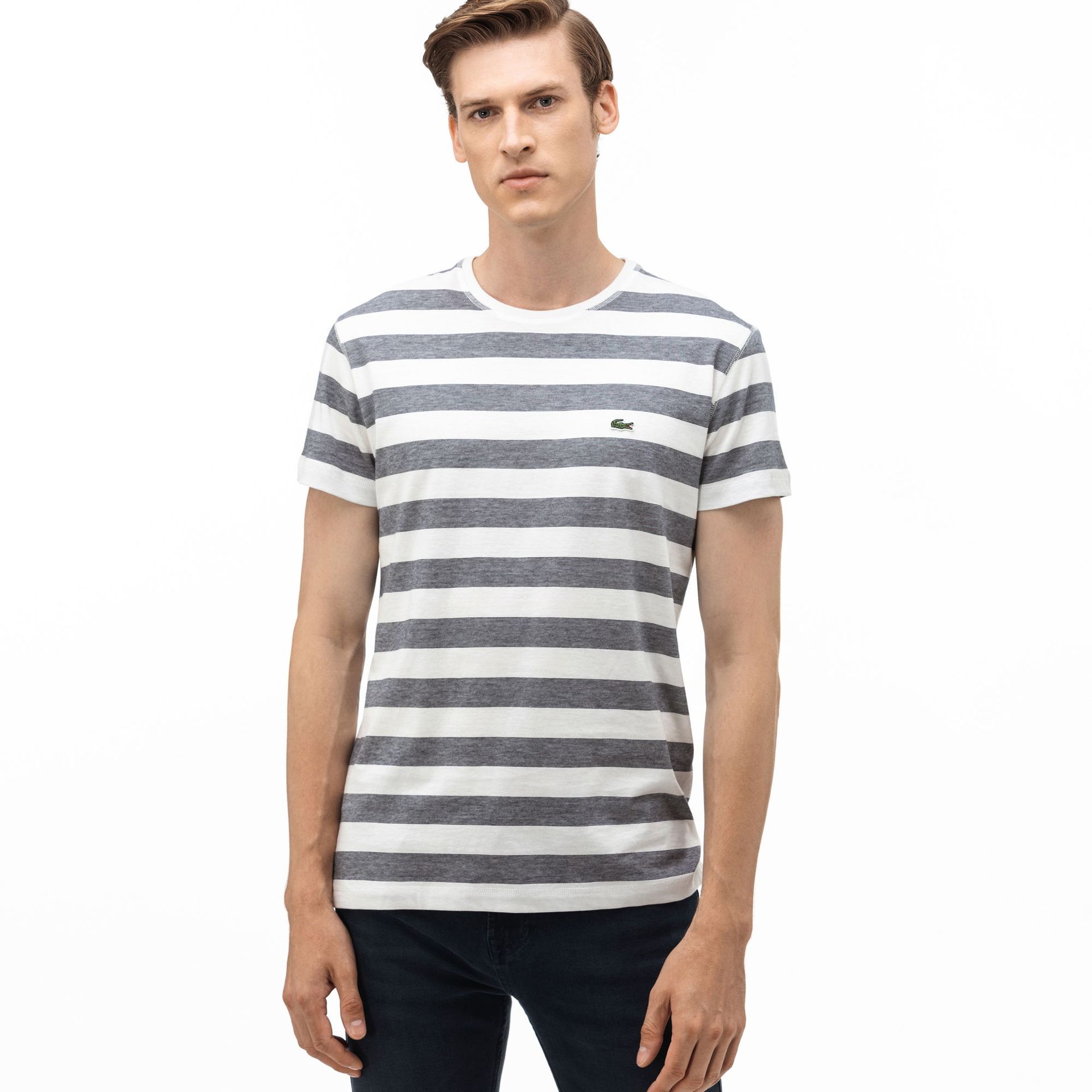Lacoste Męski T-shirt w paski z okrągłym dekoltem