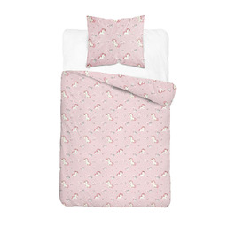 Detexpol Pościel bawełniana dziecięca 160x200 5729A różowa w białe jednorożce i kwiatki KidsDreams