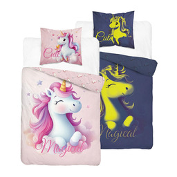 Detexpol Pościel dziecięca świecąca w ciemności 140x200 5732A różowa z dużym jednorożcem i napisem Magical FluoDream