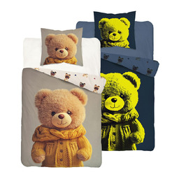Detexpol Pościel dziecięca świecąca w ciemności 140x200 5734A jasna z dużym misiem w żółtym sweterku FluoDream
