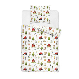 Detexpol Pościel bawełniana dziecięca 160x200 5728A biała w motyw wesołej farmy i czerwony traktor KidsDreams