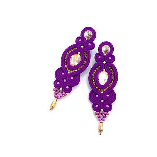 Kolczyki sutasz fioletowe ze złotem Ismara wieczorowe z kryształkami