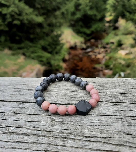 Bransoleta Kobieca PINK czarny turmalin różowy rodochrozyt amulet