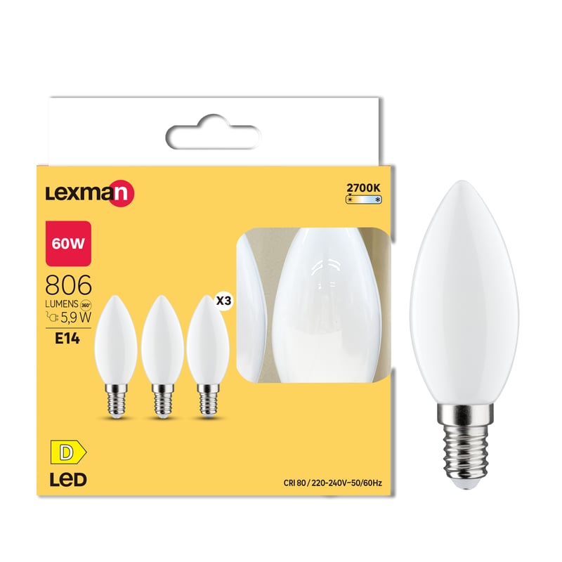 Zestaw 3 żarówek E14 ciepła biel 2700K 806 lm 5.9W LEXMAN