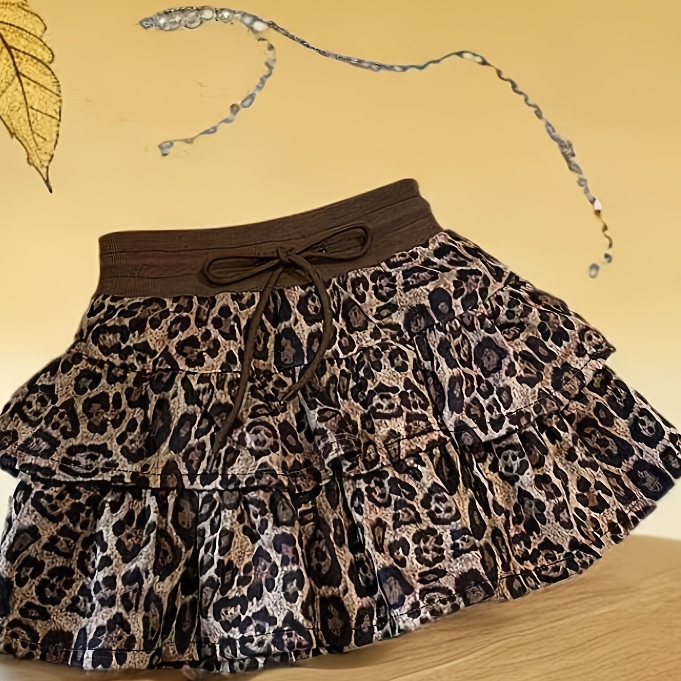 TEMU Elegancka spódnica damska w panterkę o kroju litery A z falbanką i sznurkiem w pasie - Krótka spódnica z wysokim stanem na jesień/zimę, luźny