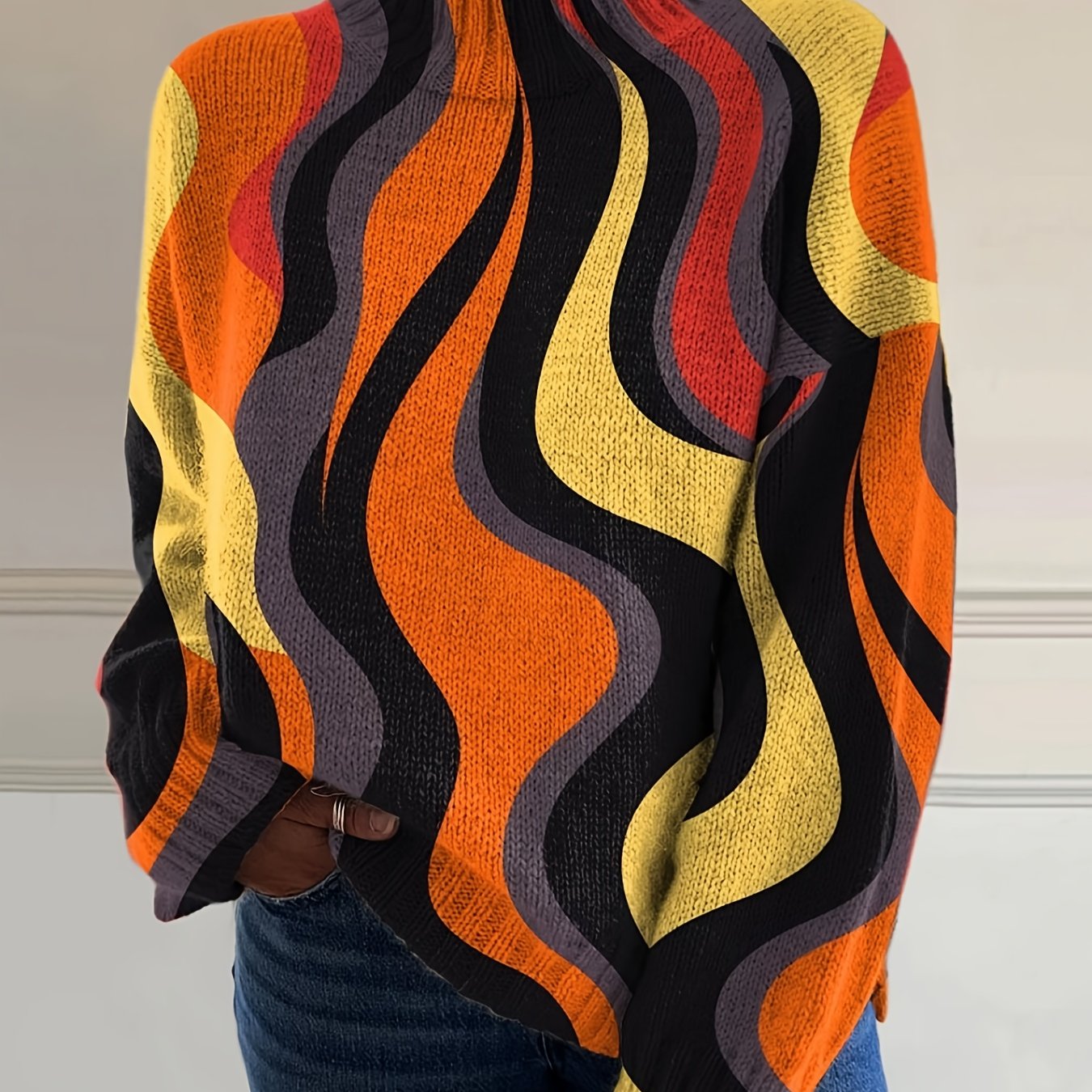 TEMU Damski Sweter z Golfem w Turkusowo-Niebiesko-Musztardowym Wzór Zygzak - Turkusowy/Czarny/Żółty Casualowy Zimowy Sweter Kurtka, Możliwość Prania