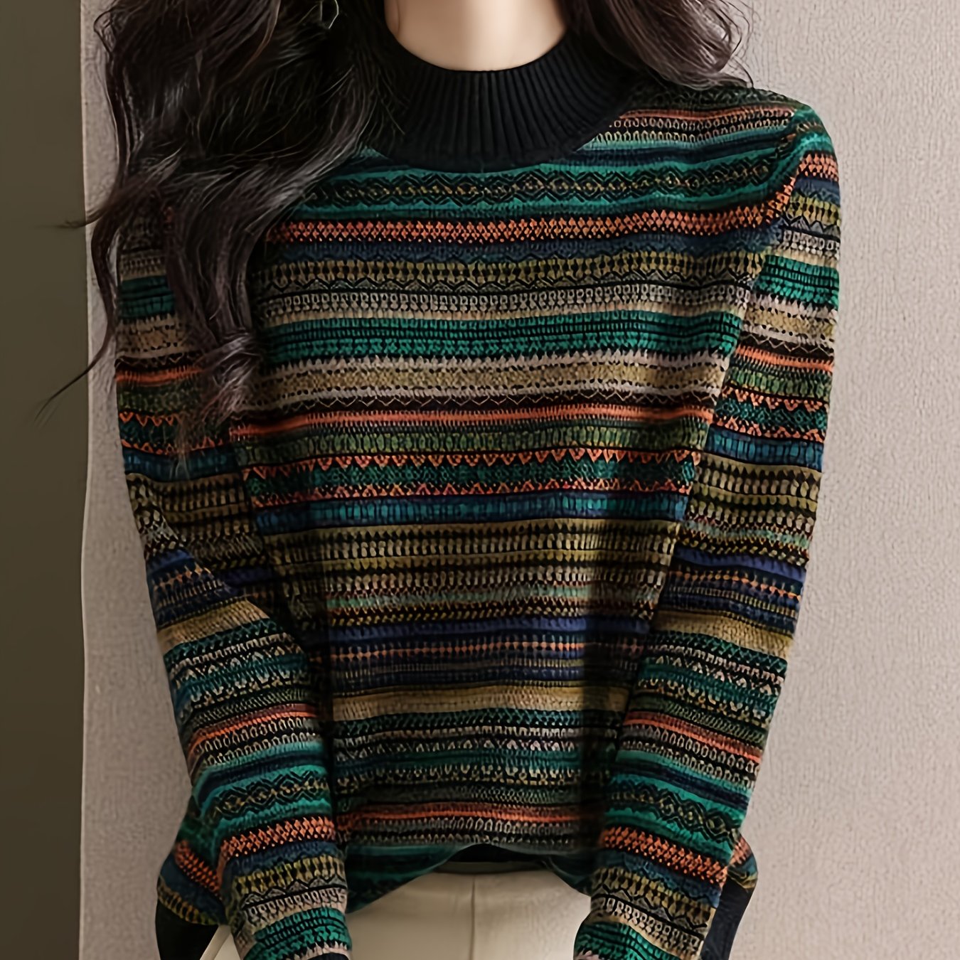 TEMU Damski Sweter Oversize z Kontrolą Brzucha - Elegancki Półgolf w Paski, Wielokolorowy (Brązowy/Zielony/Beżowy/Czarny/Biały) - Przyjazny Zimowy