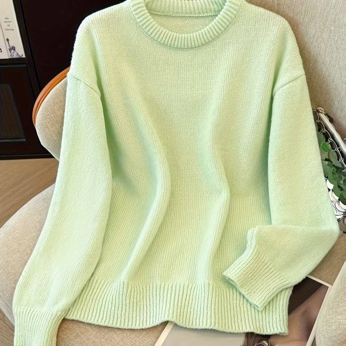 TEMU Sweter Damski Zimowy z Okrągłym Dekoltem – Elegancka Bluzka Casual w Jednolitym Kolorze na Jesień/Zimę, Średnio Elastyczny, Pranie w Praniu