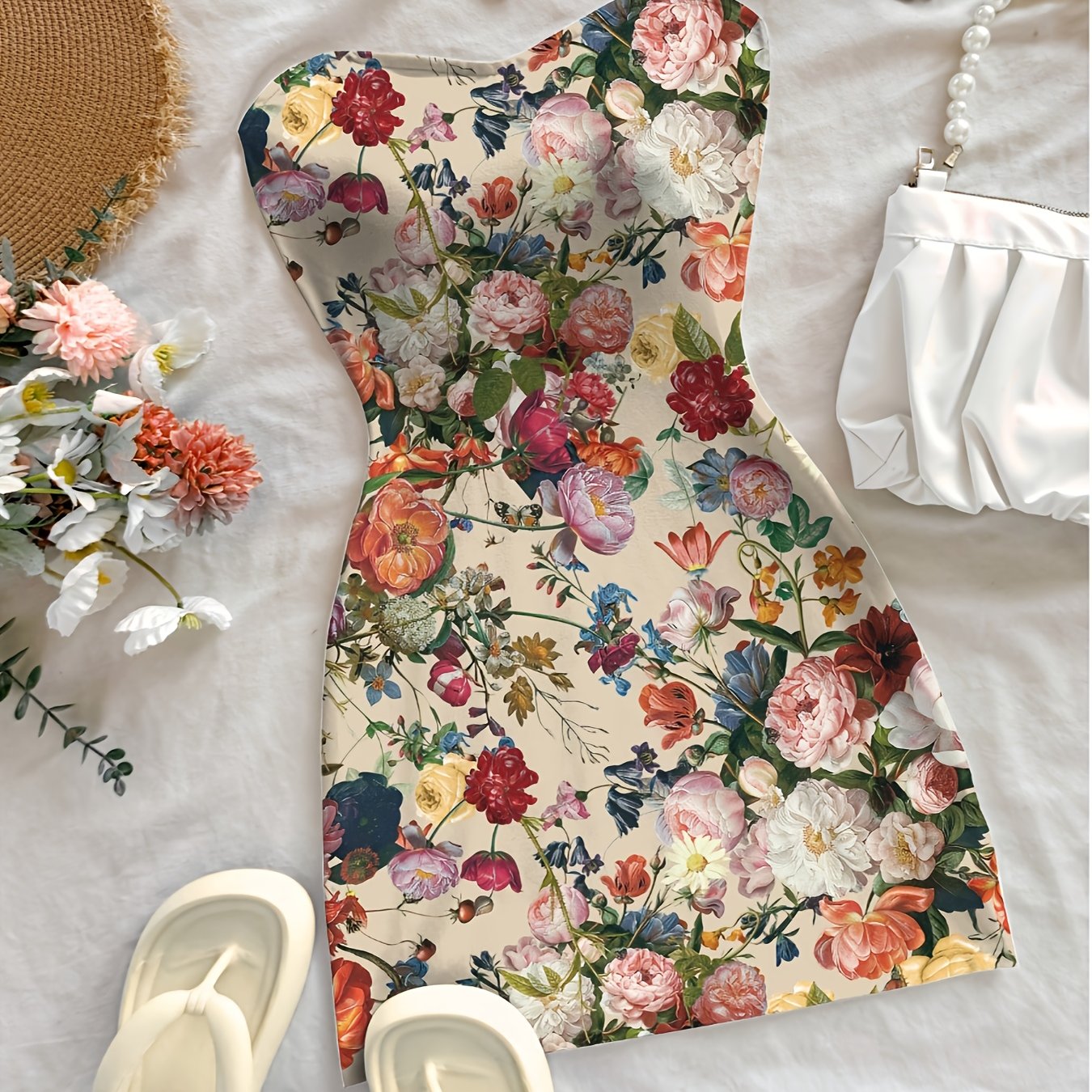 TEMU Kobieca Sukienka Mini w Kwiaty - Rozkloszowane Biodra, Off-Shoulder Styl Boho na Plażę i Imprezy - Całoroczna Sukienka na Wakacje, Ślubne Randki