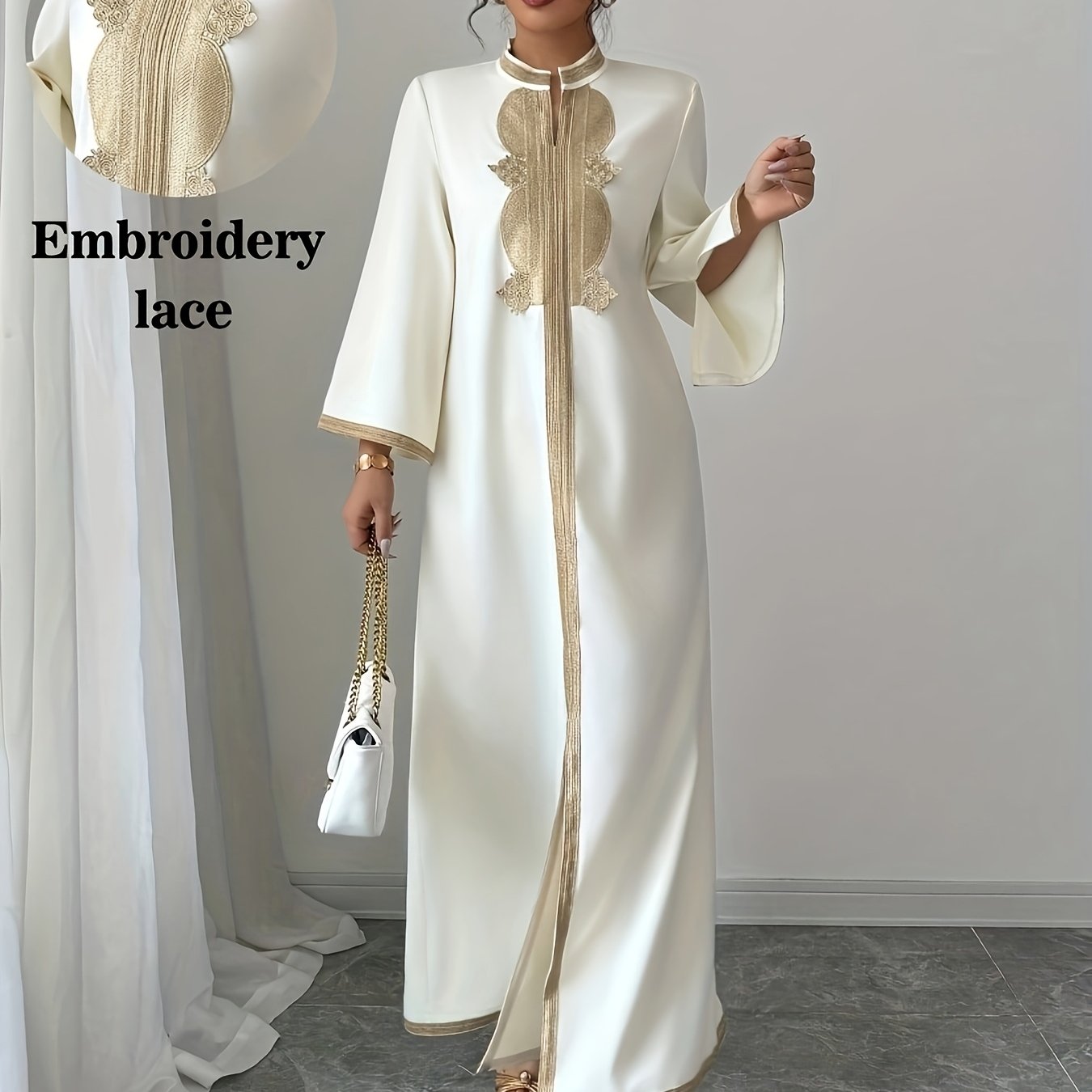 TEMU Jednokolorowa Bluzka z Haftem i Koronką w Stylu Bliskowschodnim, Długi Rękaw – Elegancka Sukienka dla Kobiet