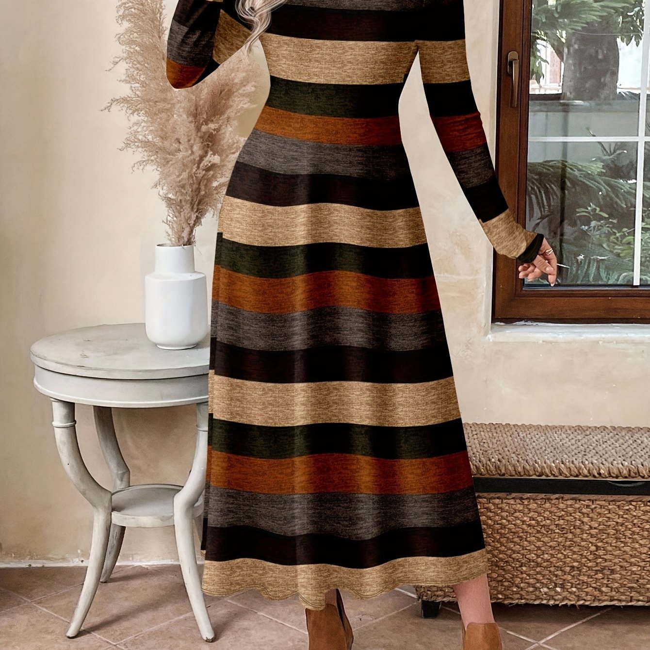 TEMU Elegancka Sukienka Maxi w Paski w Kolorze Brązowym/Beżowym/Płowym - Kształt A - Długa Sukienka Zimowa z Okrągłym Dekoltem, Długim Rękawem,