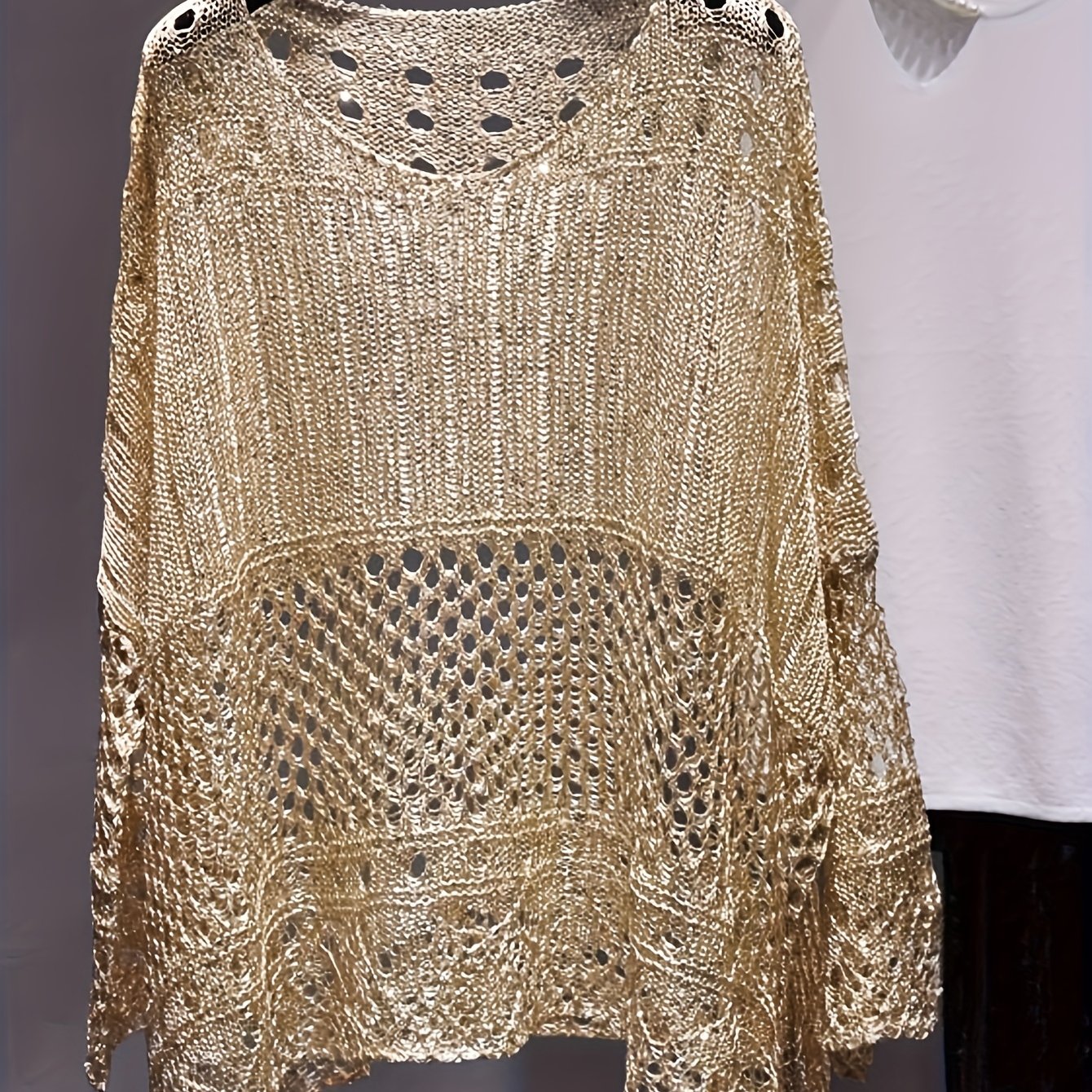 TEMU Damski złoty top z rękawami w kształcie skrzydła nietoperza - luźny krój, okrągły dekolt, wydrążony design, lekki mieszankowy poliestrowy top na