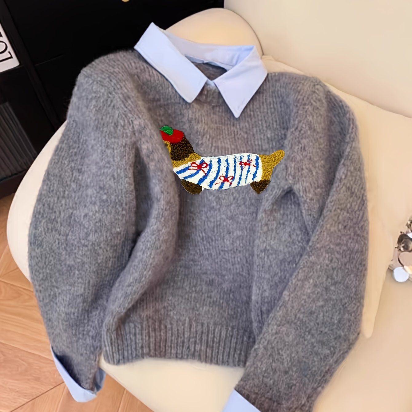 TEMU Kobiecy Przytulny Szary Kardigan z Kolorowym Wzorem Psa - Długi Rękaw, Zapinany na Guziki, Miękki i Stylowy na Jesień/Zimę, Idealny do