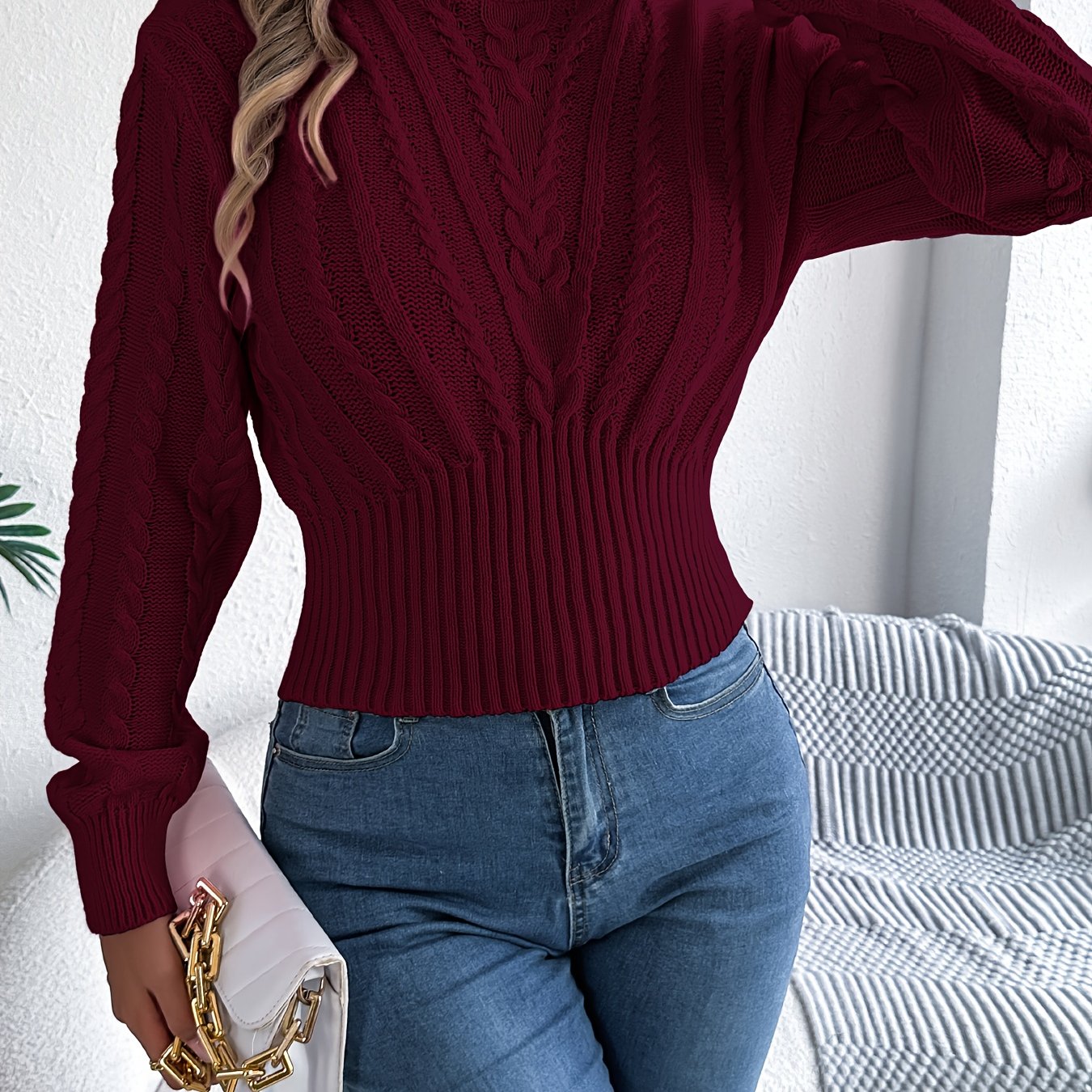 TEMU Jesienno-zimowy sweter casualowy na wakacje z okrągłym dekoltem Damski sweter z długim rękawem w jednolitym kolorze, średnio elastyczny