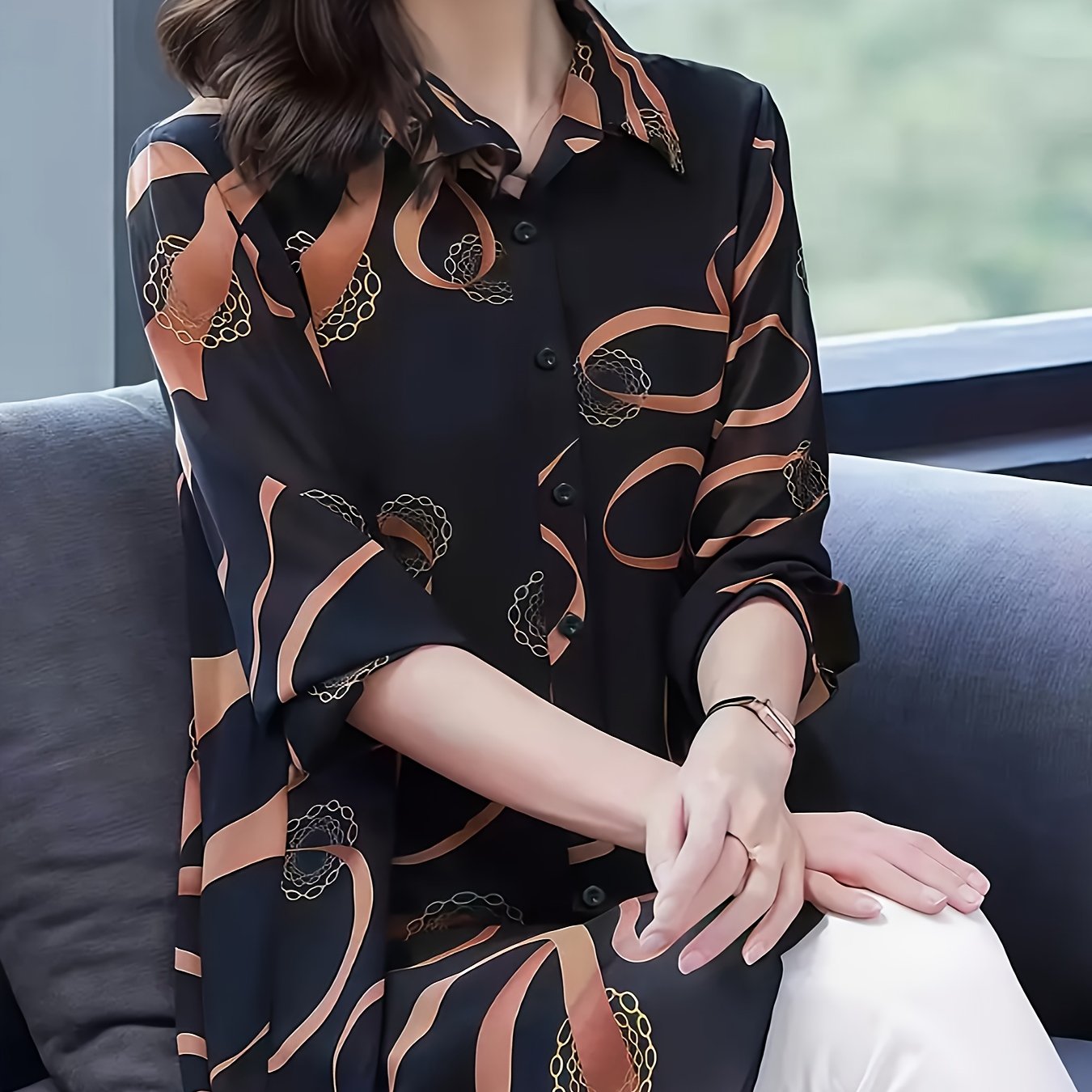 TEMU Koszula Damska z Eleganckim Geometrycznym Wzorem i Długimi Rękawami - Lekki Półprzezroczysty Top na Guziki w Czarno-Pomarańczowe Kwiaty, Idealny